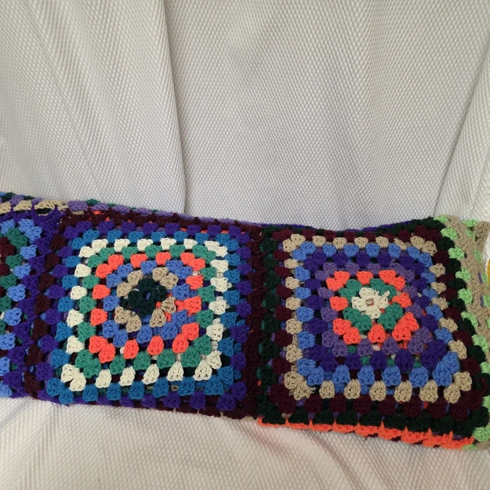 VTG Large Granny Square Afghan Black Crocheted Roseanne Throw Blanket  60
